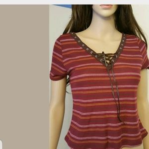 Jesse & J Maroon Red,leather front tie, Striped L